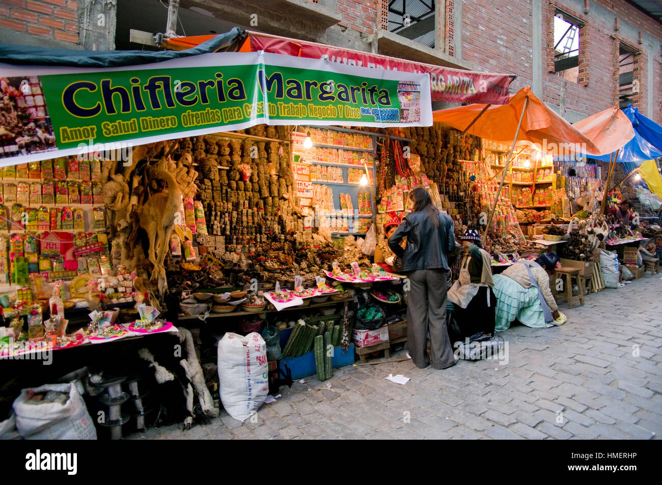 Photo of chiflera Margarita's stall in the Witches Market in La Paz, Bolivia, taken in 2009.. Some items are now illegal Stock Photo