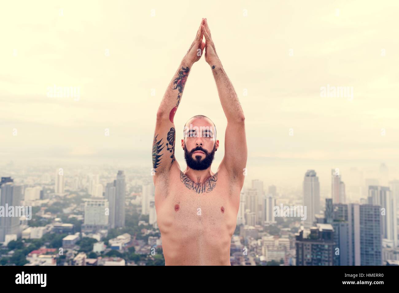 Man Practice Yoga Rooftop Concept Stock Photo