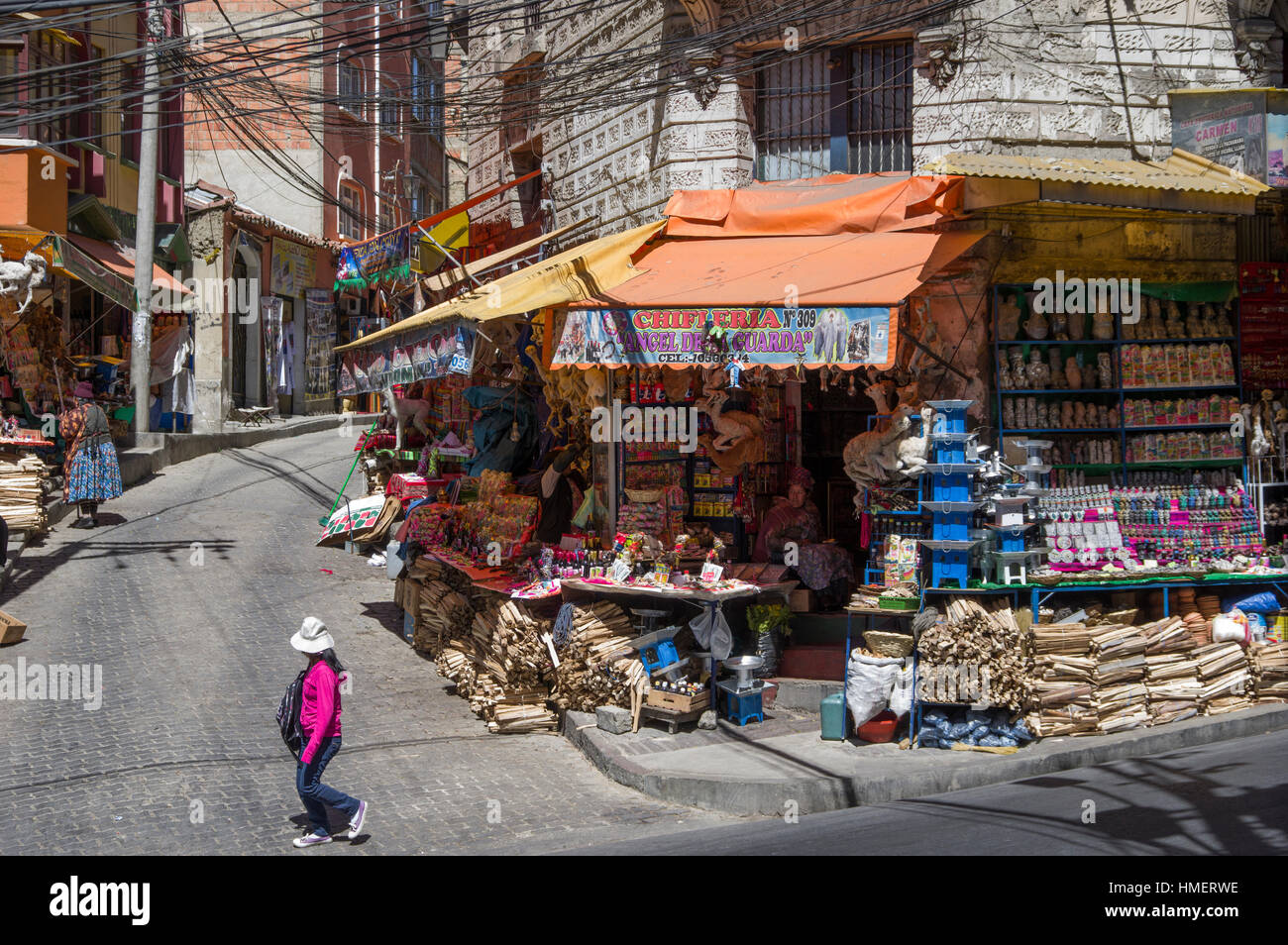 Calle Linares near Witches Market in La Paz, Bolivia, a stall selling items for sacrifices to the Pachamama, Mother Earth deity Stock Photo