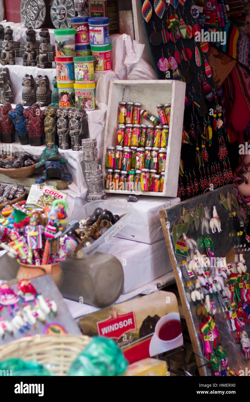 Souvenirs and items for traditional medicine and witchcraft on sale Witches Market, Calle de las Brujas, La Paz, Bolivia Stock Photo