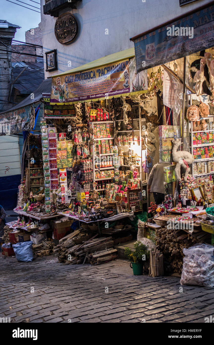 Witches Market, Calle de las Brujas, in La Paz, Bolivia at dusk, popular tourist attraction and traditional medicine Stock Photo