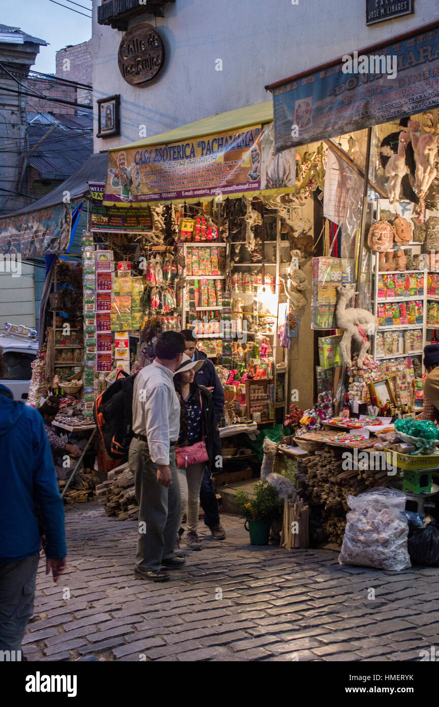 Witches Market, Calle de las Brujas, in La Paz, Bolivia at dusk, popular tourist attraction and traditional medicine Stock Photo