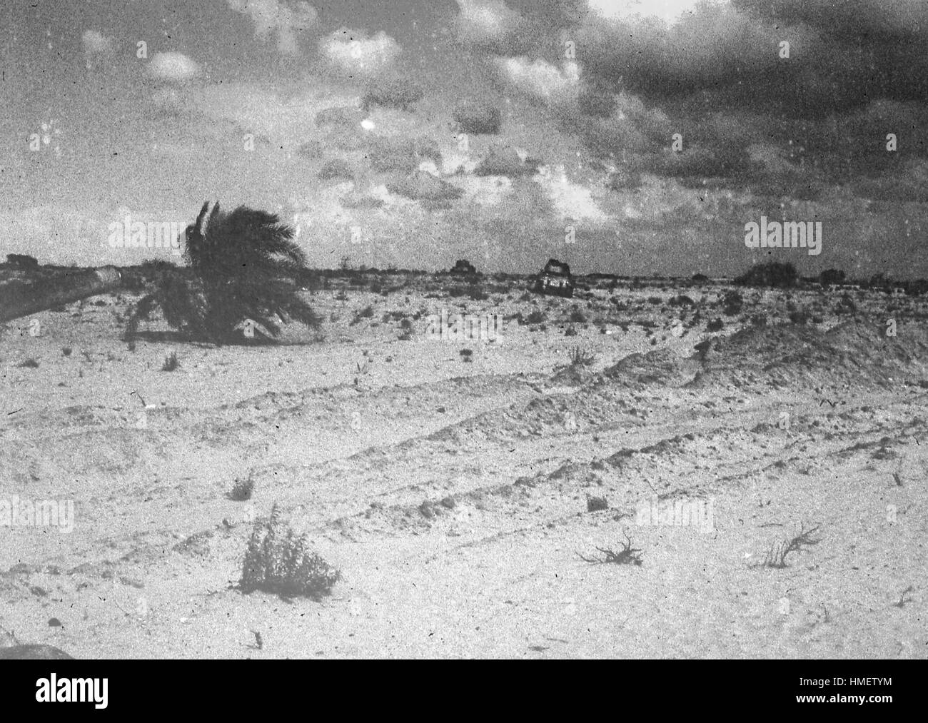 Desolate landscape scene showing war debris and the desert brush surrounding the town of El Arish, in the northern Sinai peninsula, in Gaza, Israel, November, 1967. Stock Photo