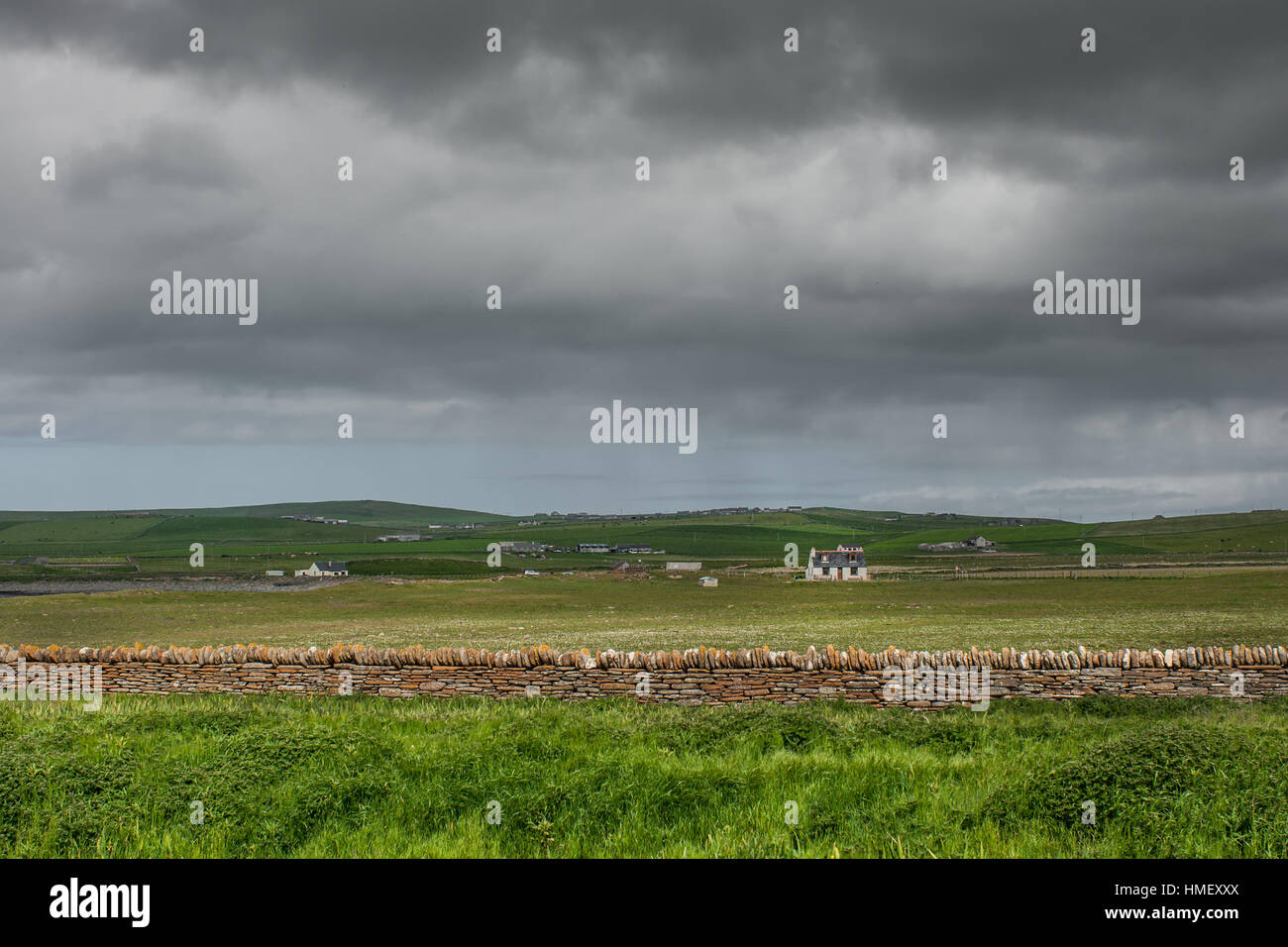 Landscape of meadows and farms at Skara Brae. Stock Photo