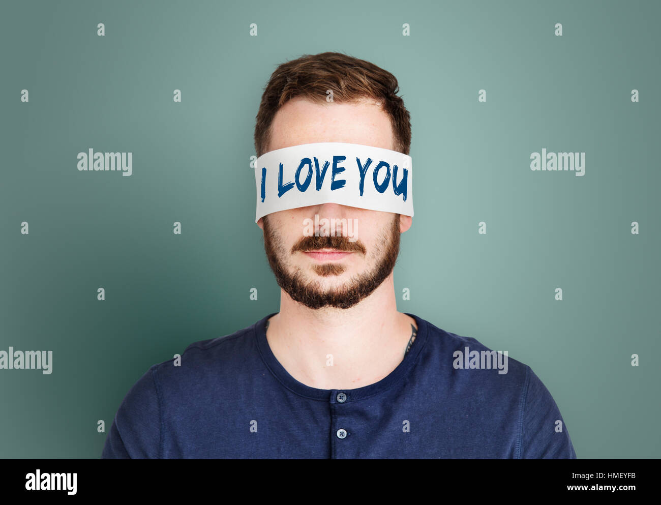 Happy Man Blindfold Person Showing Super Stock Photo 1696869070