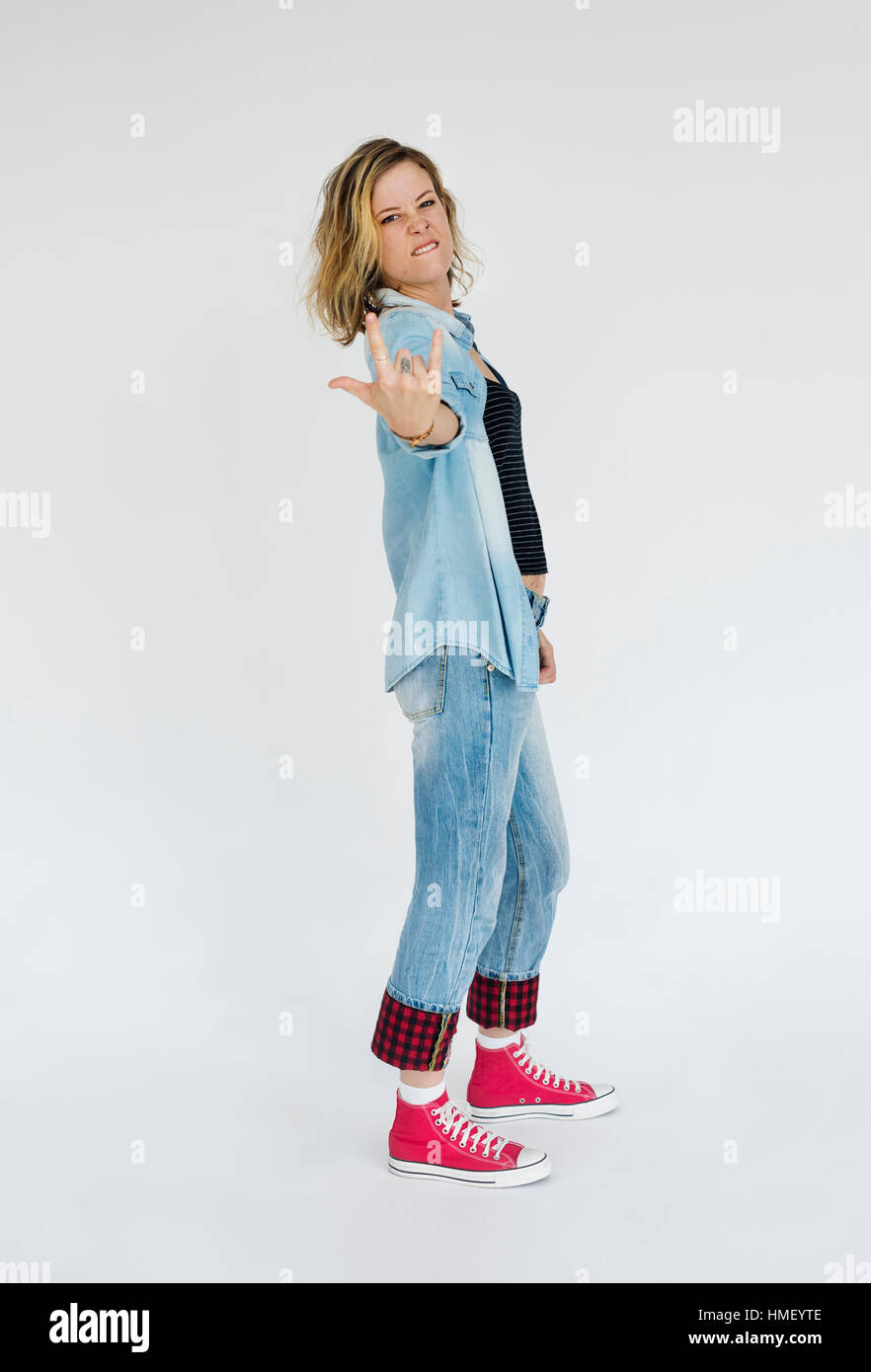 Woman Metal Rock Hand SIgn Portrait Concept Stock Photo - Alamy