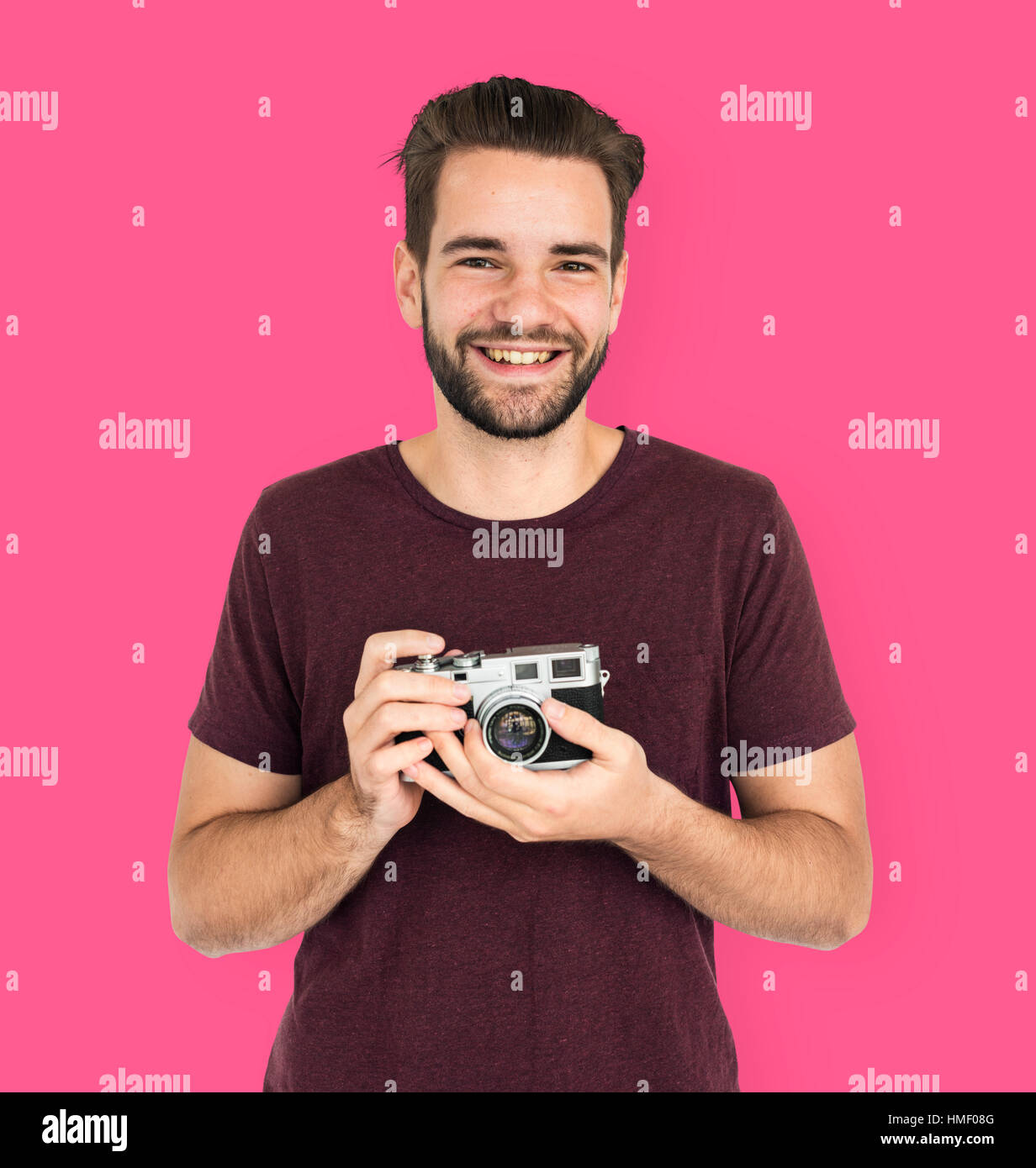 Cheerful Guy Man Holding Camera Photo Concept Stock Photo