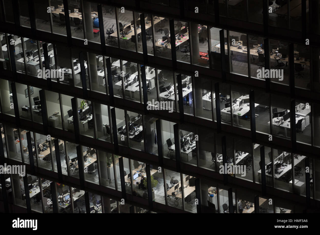 Offices are seen from above at night in London, UK, Stock Photo