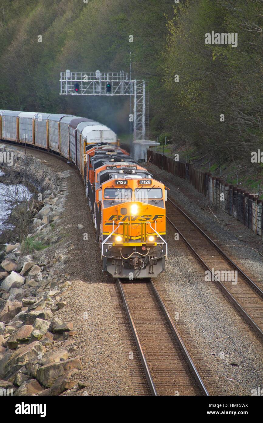 A BNSF auto rack train at Carkeek Park, Seattle, Washington, USA Stock