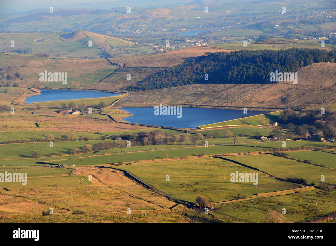 Upper & Lower Black Moss Reservoirs from Pendle Hill. Lancashire England UK. Stock Photo