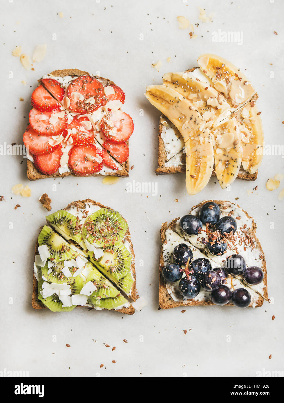 Healthy breakfast toasts. Wholegrain bread slices with cream cheese