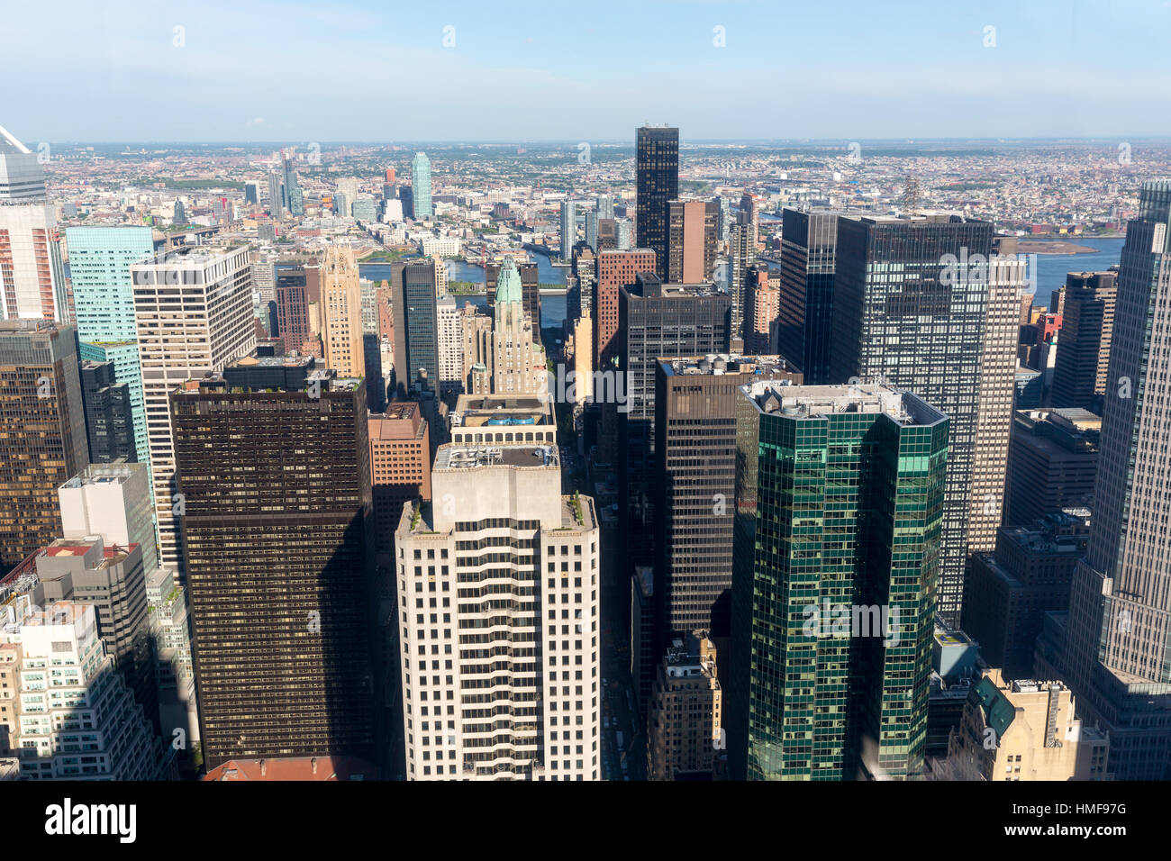 New York City Manhattan midtown aerial view with skyscrapers and blue ...