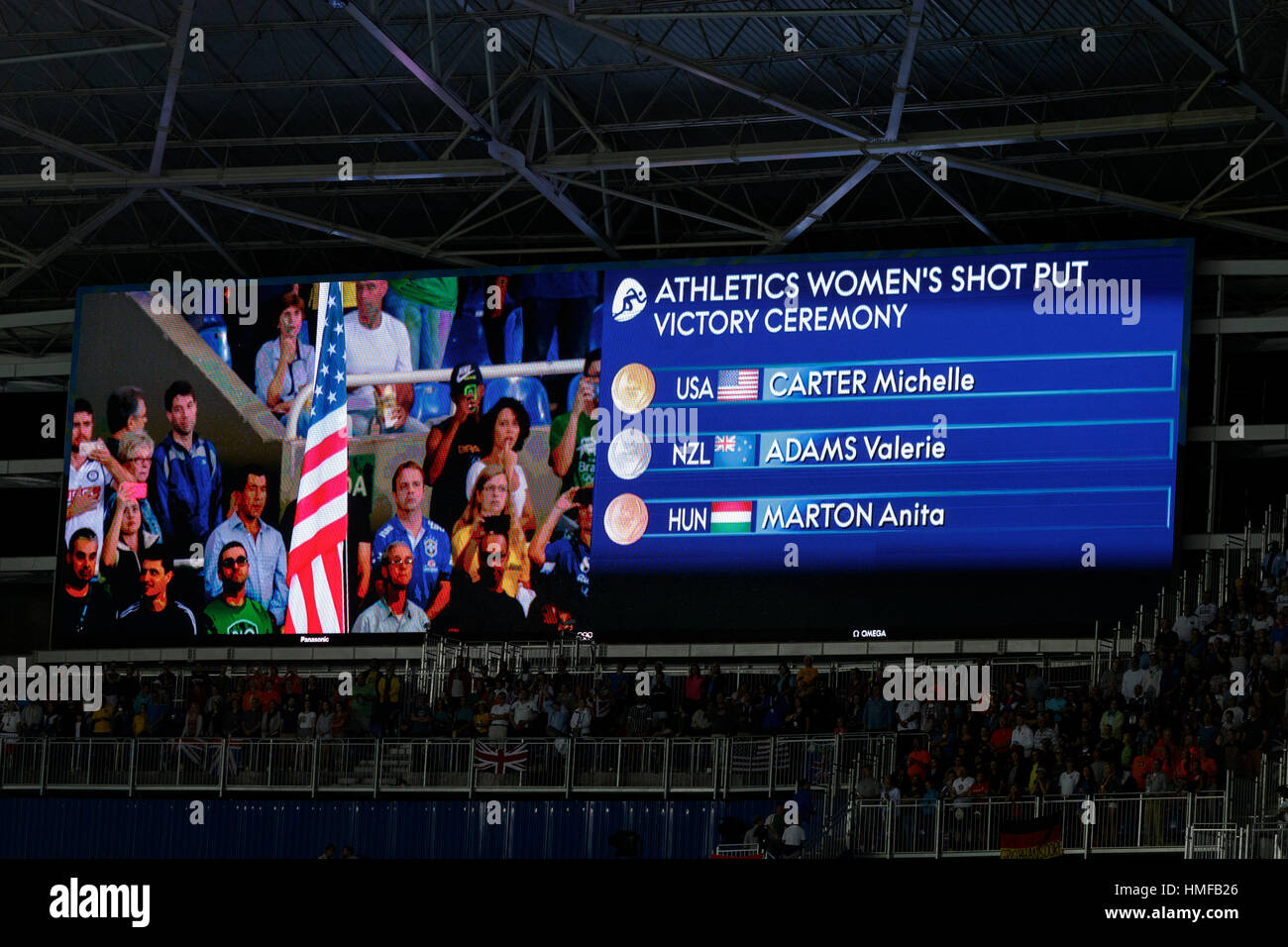 Rio de Janeiro, Brazil. 13 August 2016.  Video board showing Michelle Carter (USA) gold medal winner in the Women's  shot put at the 2016 Olympic Summ Stock Photo