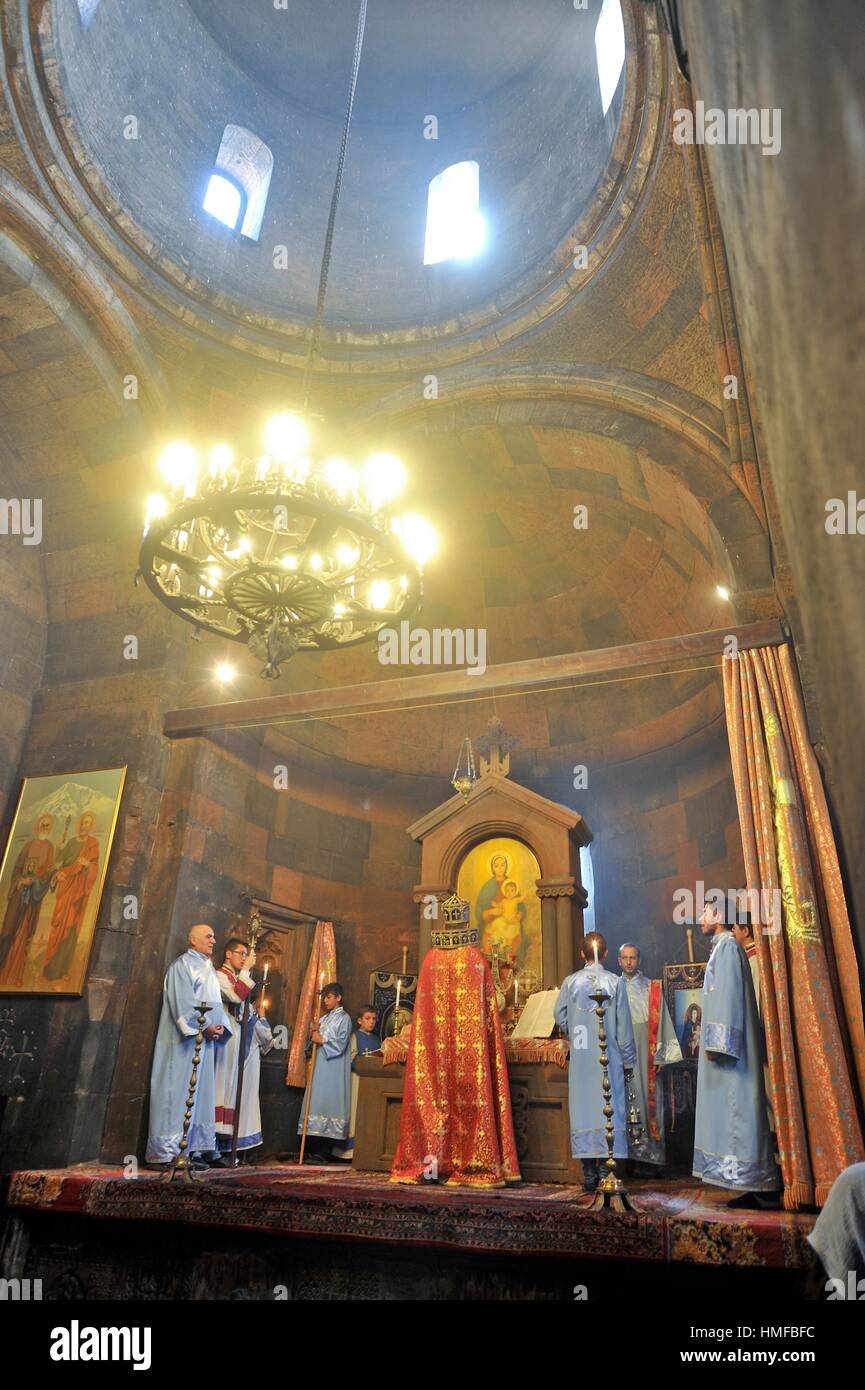 ceremony inside the Church of the Holy Mother of God (Surb Astvatzatzin) within Khor Virap Monastery, Ararat plain, Artashat, Armenia, Eurasia. Stock Photo