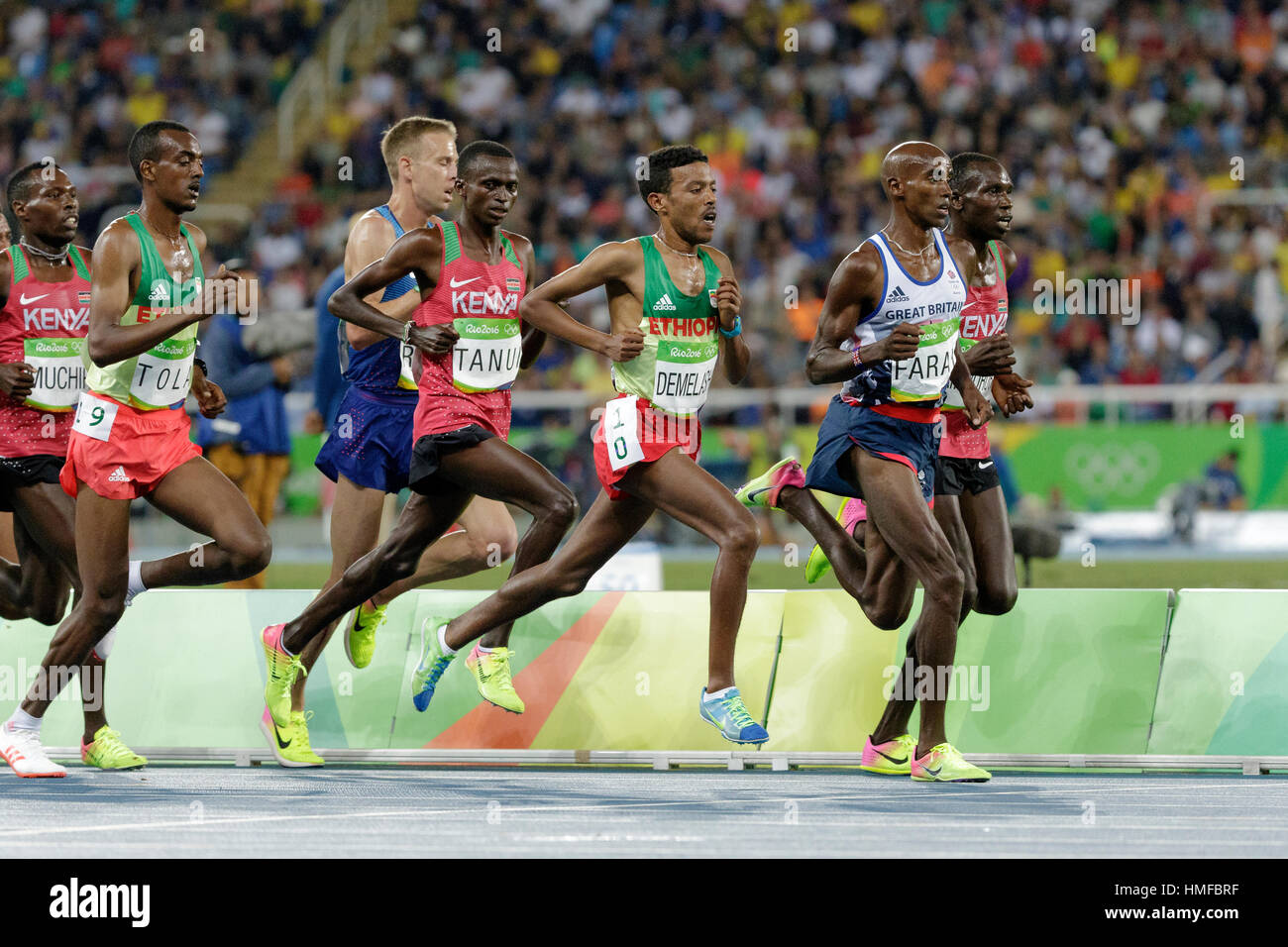 Rio de Janeiro, Brazil. 13 August 2016. Mo Farah (GBR) wins the gold medal in the Men's 10,000m at the 2016 Olympic Summer Games. ©Paul J. Sutton/PCN Stock Photo