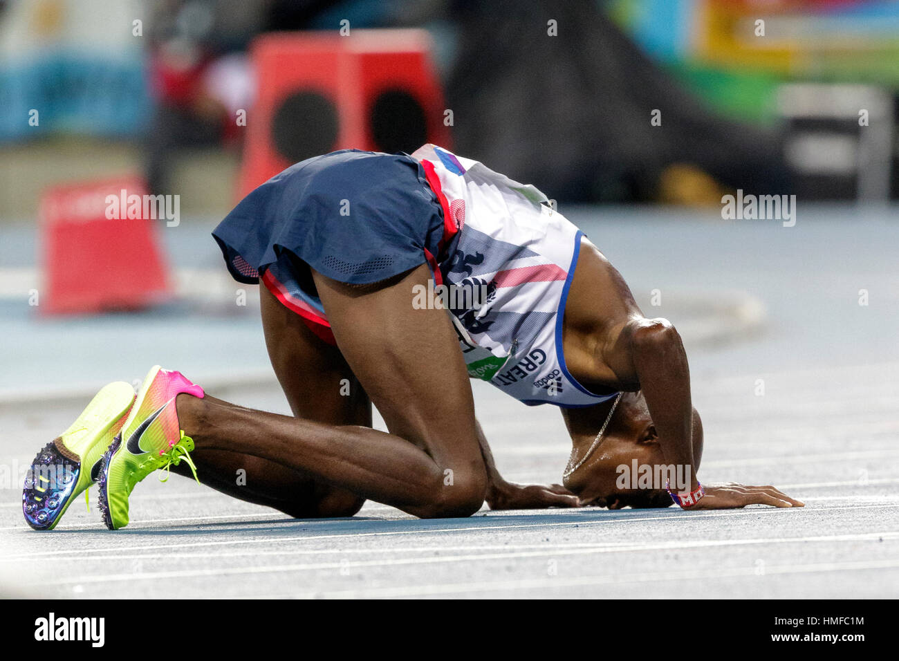 Rio de Janeiro, Brazil. 13 August 2016. Mo Farah (GBR) wins the gold medal in the Men's 10,000m at the 2016 Olympic Summer Games. ©Paul J. Sutton/PCN Stock Photo