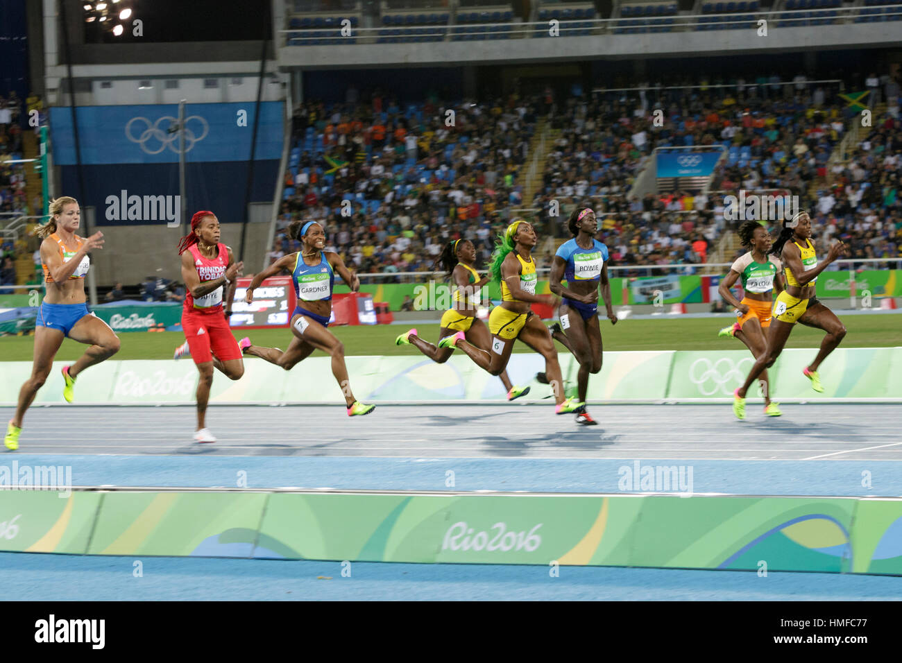 Rio de Janeiro, Brazil. 13 August 2016 .Elaine Thiompson (JAM) leads the field on her way to winning the gold medal in the Women's 100m at the 2016 Ol Stock Photo