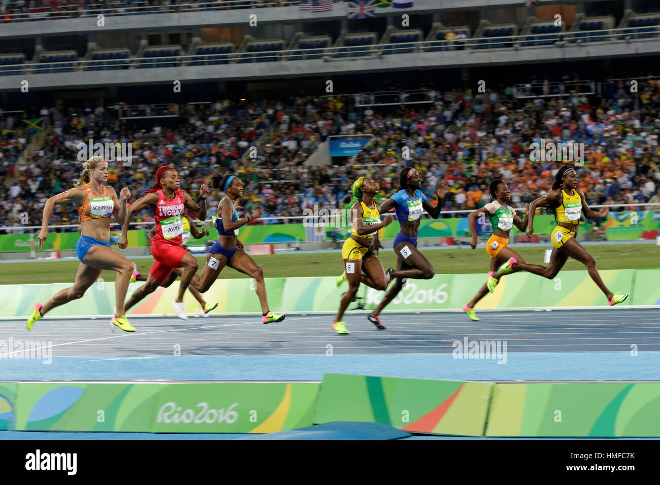 Rio de Janeiro, Brazil. 13 August 2016 .Elaine Thiompson (JAM) leads the field on her way to winning the gold medal in the Women's 100m at the 2016 Ol Stock Photo