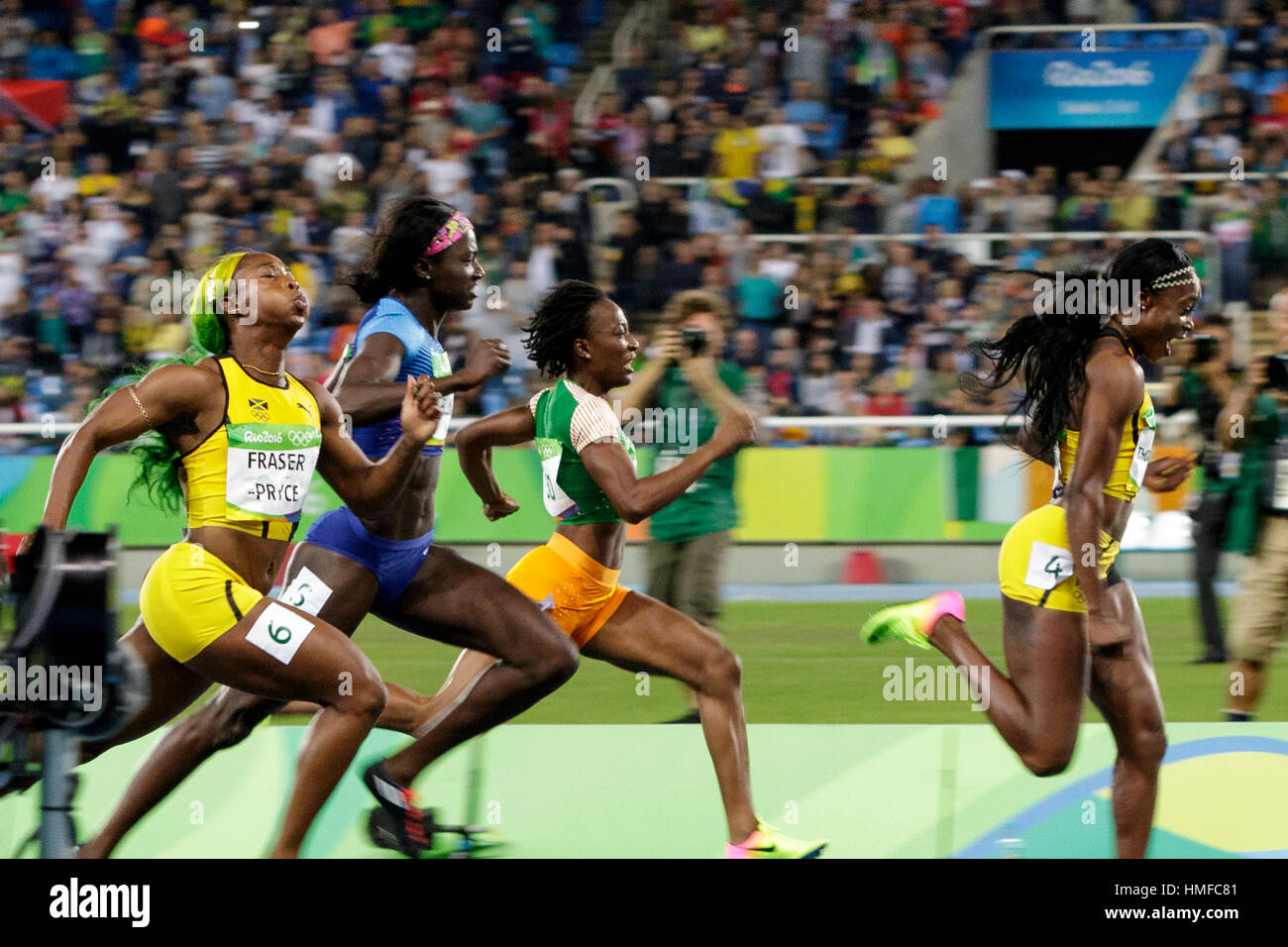Rio de Janeiro, Brazil. 13 August 2016 .Elaine Tompson (JAM) leads the field on her way to winning the gold medal in the Women's 100m at the 2016 Ol Stock Photo