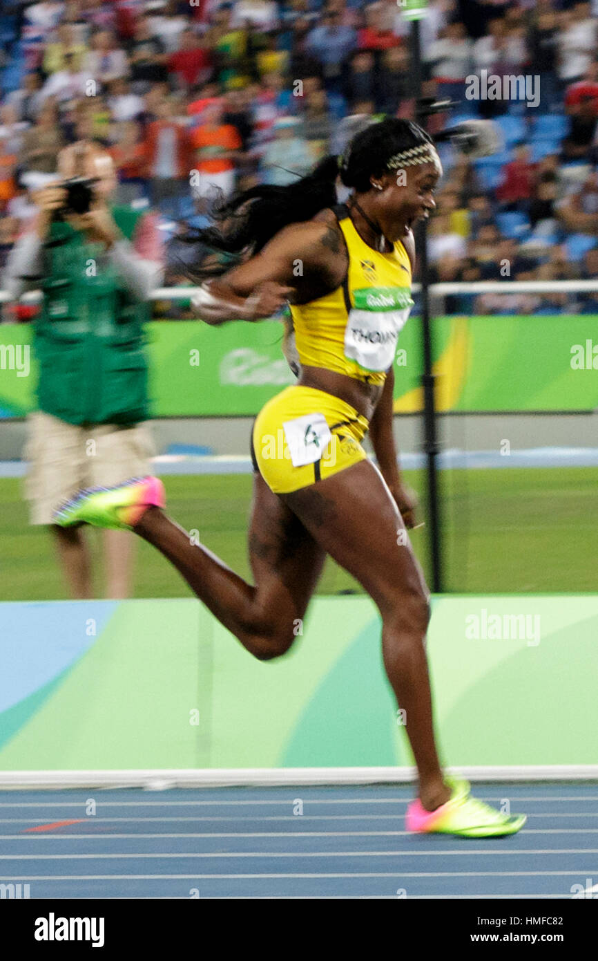 Rio de Janeiro, Brazil. 13 August 2016 Elaine Thompson (JAM) leads the field on her way to winning the gold medal in the Women's 100m at the 2016 Ol Stock Photo