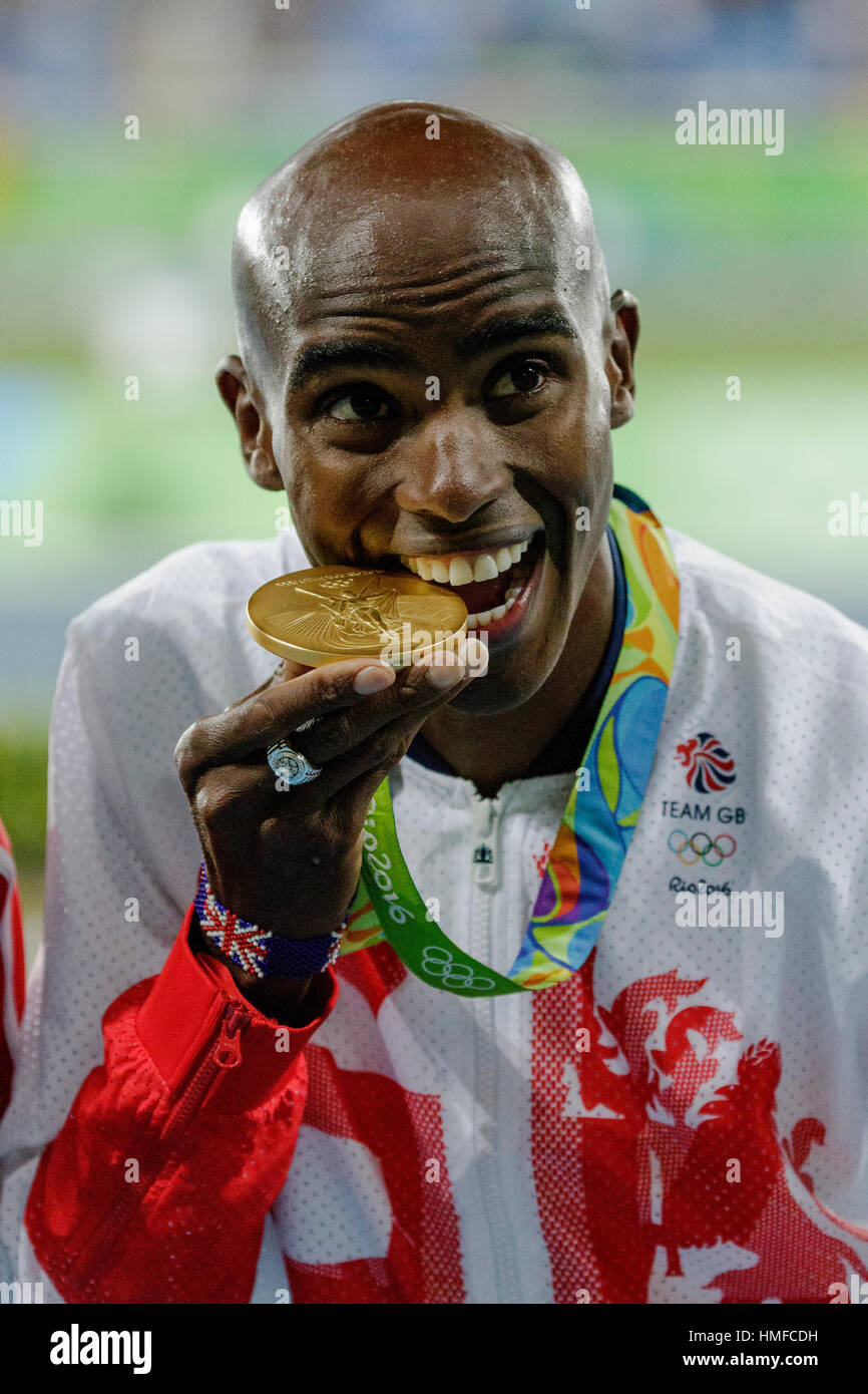 Rio de Janeiro, Brazil. 13 August 2016. Mo Farah (GBR) wins the gold medal in the Men's 10,000m at the 2016 Olympic Summer Games. ©Paul J. Sutton/PCN Stock Photo