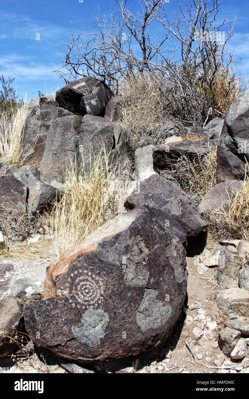 Three Rivers Petroglyph Site holds over 21,000 glyphs Stock Photo