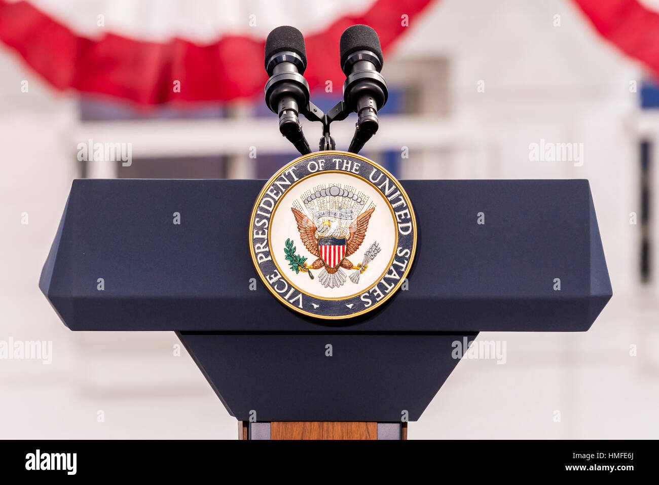 OCTOBER 13, 2016, Vice Presidential Seal and Empty Podium, awaiting Vice President Joe Biden Speech, Culinary Union, Las Vegas, Nevada Stock Photo