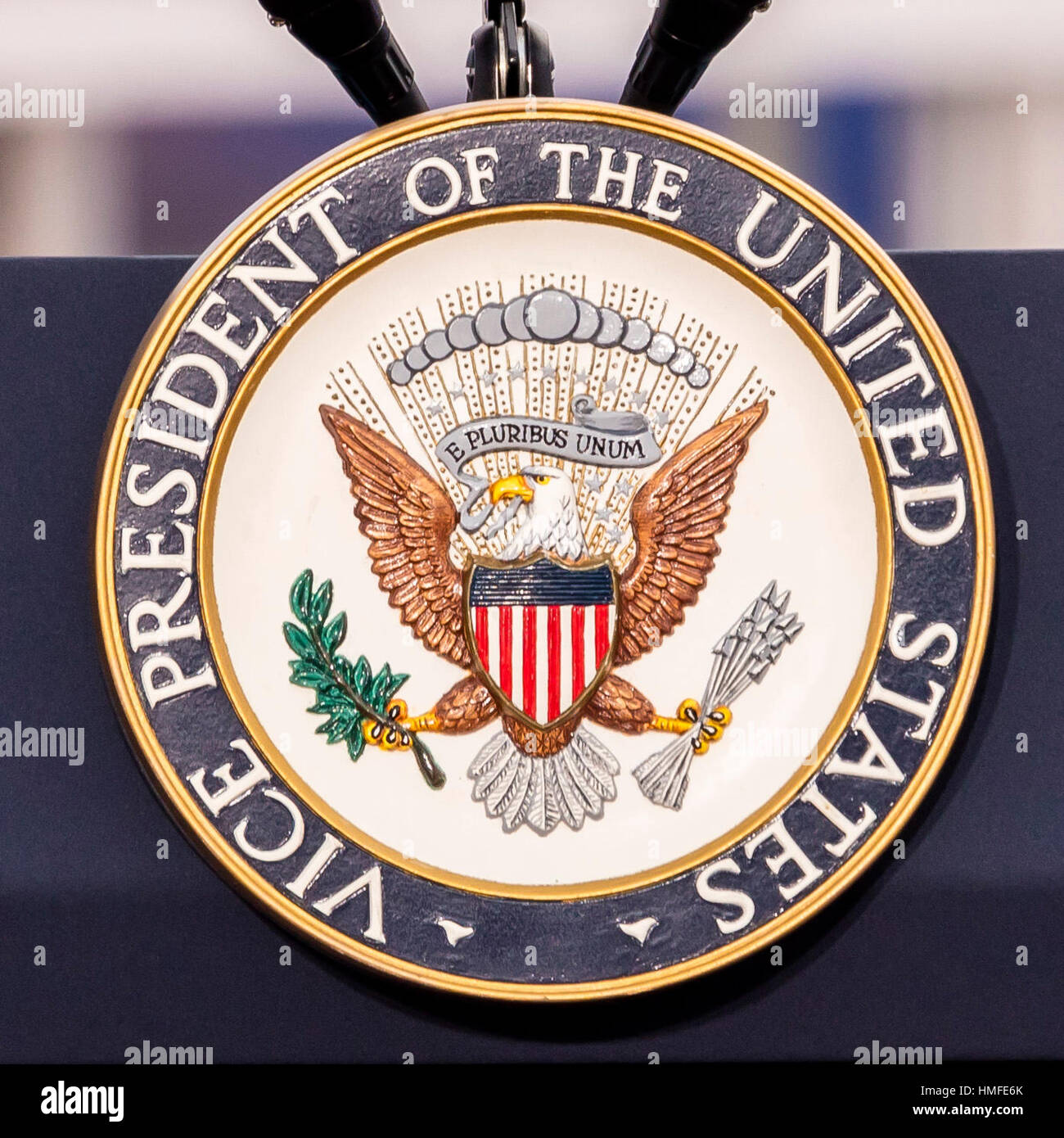 OCTOBER 13, 2016, Vice Presidential Seal and Empty Podium, awaiting Vice President Joe Biden Speech, Culinary Union, Las Vegas, Nevada Stock Photo