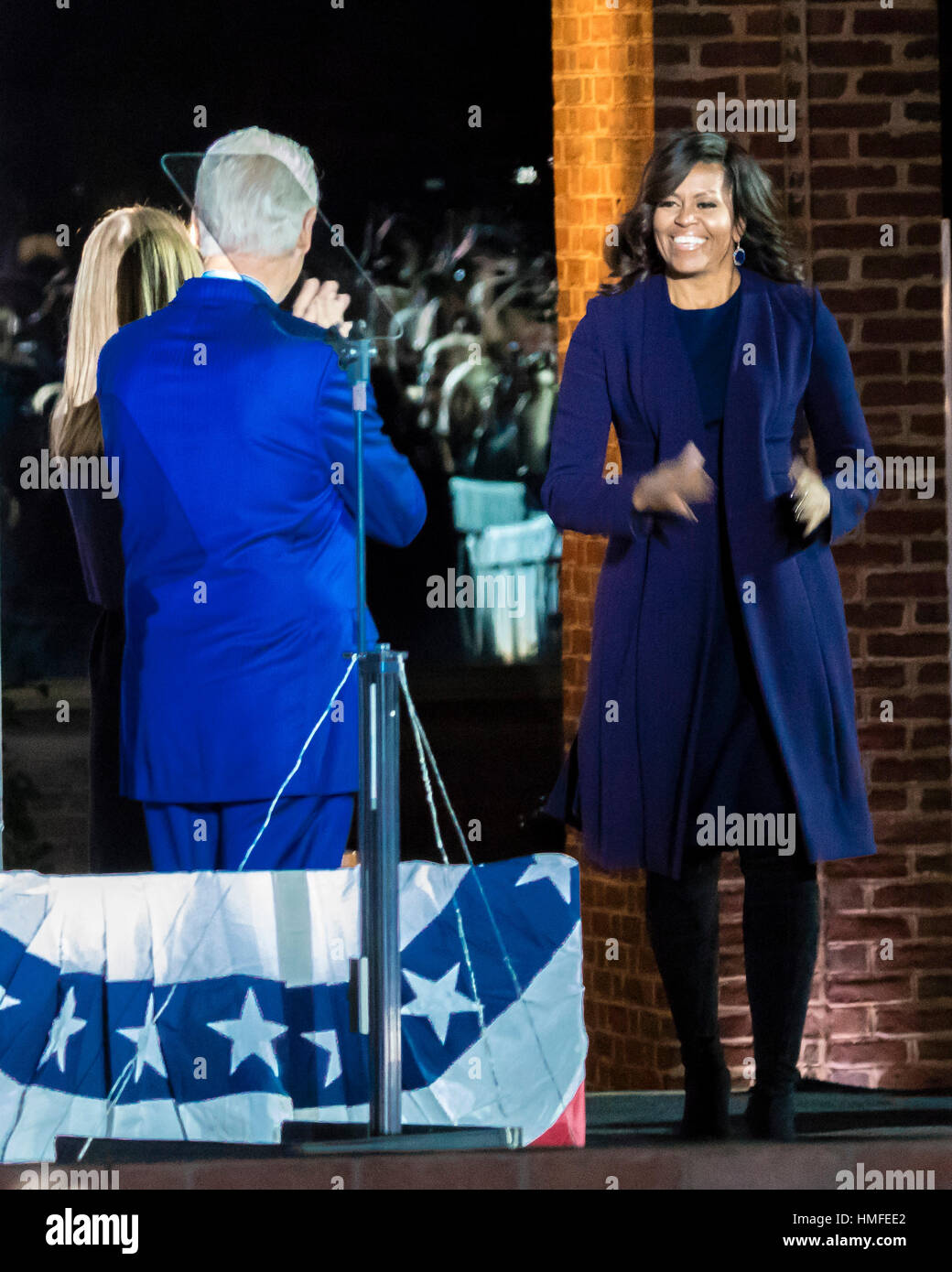 NOVEMBER 7, 2016, INDEPENDENCE HALL, PHIL., PA - Bill and Chelsea Clinton Mezvinsky welcome First Lady Michelle Obama at Election eve Get Out The Vote Rally for Hillary Clinton Stock Photo