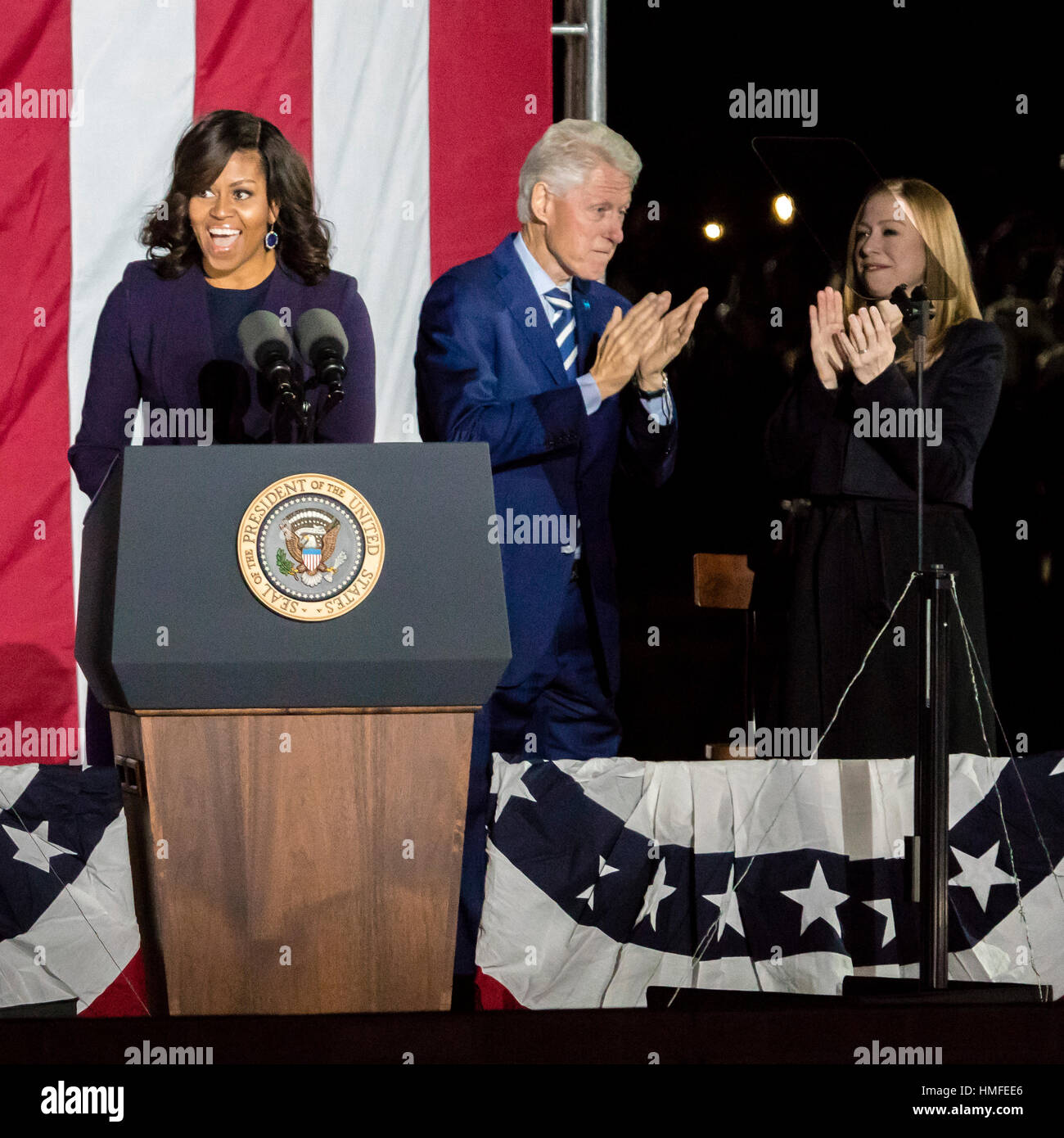 NOVEMBER 7, 2016, INDEPENDENCE HALL, PHIL., PA - Bill and Chelsea Clinton Mezvinsky welcome First Lady Michelle Obama at Election eve Get Out The Vote Rally for Hillary Clinton Stock Photo