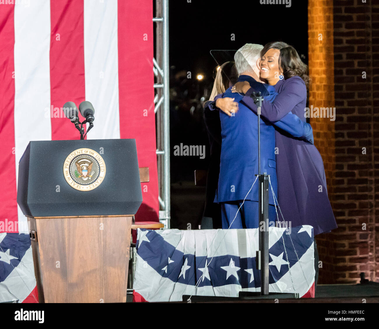 NOVEMBER 7, 2016, INDEPENDENCE HALL, PHIL., PA - President Bill Clinton hugs First Lady Michelle Obama at Election eve Get Out The Vote Rally for Hillary Clinton Stock Photo