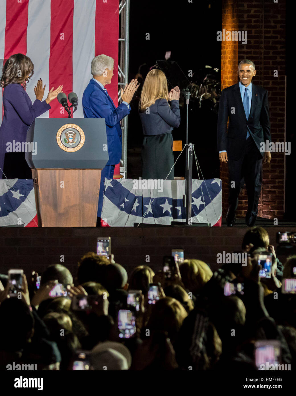 NOVEMBER 7, 2016, INDEPENDENCE HALL, PHIL., PA -  Bill and Chelsea Clinton Mezvinsky and First Lady Michelle Obama welcome President Obama at Election Eve Get Out The Vote Rally, Independence Hall. Stock Photo