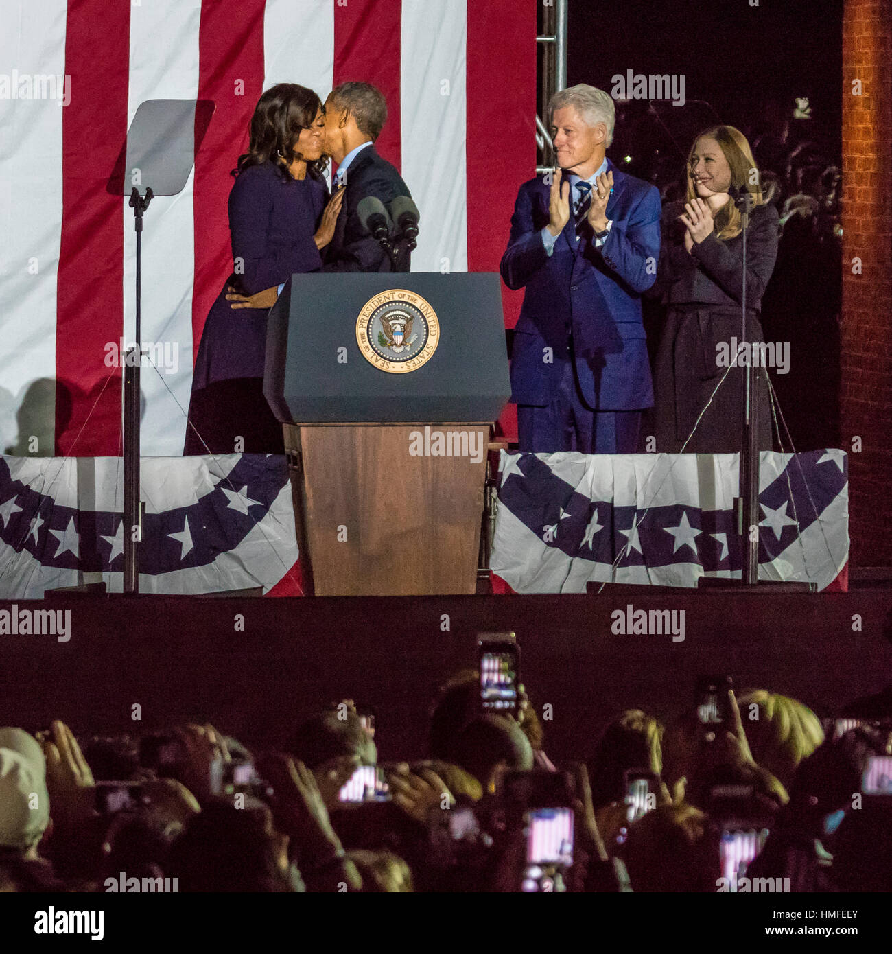 NOVEMBER 7, 2016, INDEPENDENCE HALL, PHIL., PA - President and Michelle Obama hug at podium at election eve get out the Vote Rally Independence Hall, Phil. PA. Stock Photo