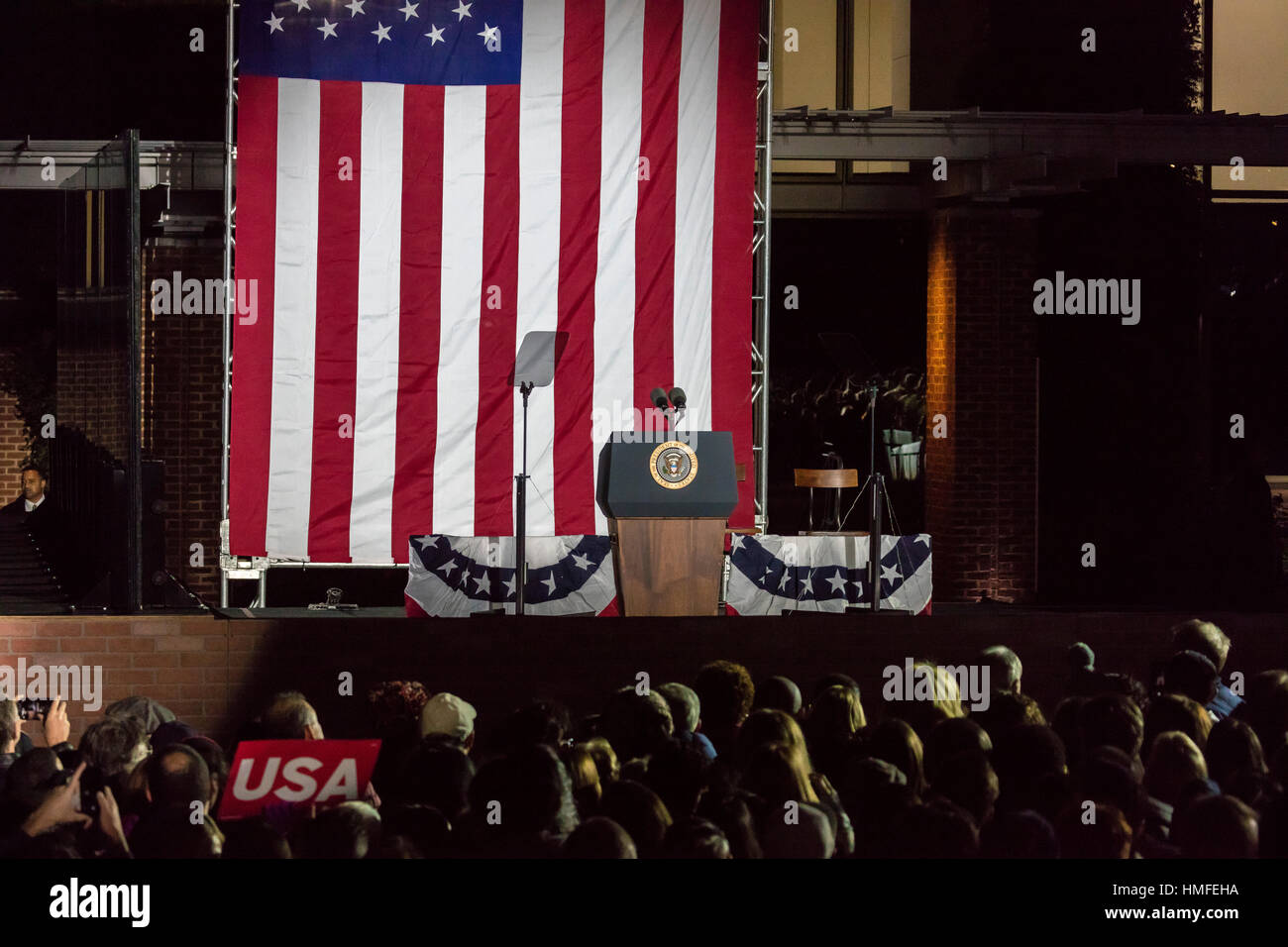 NOVEMBER 7, 2016, INDEPENDENCE HALL, PHIL., PA - Empty Podium with Presidential Seal for Presidents Obama and Clinton and Hillary Clinton Election eve political rally Independence Hall, Phil. PA Stock Photo