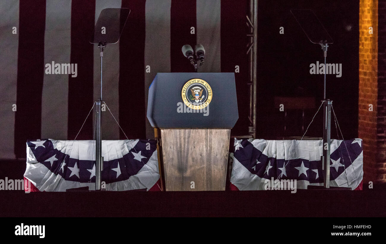 NOVEMBER 7, 2016, INDEPENDENCE HALL, PHIL., PA - Empty Podium with Presidential Seal for Presidents Obama and Clinton and Hillary Clinton Election eve political rally Independence Hall, Phil. PA Stock Photo