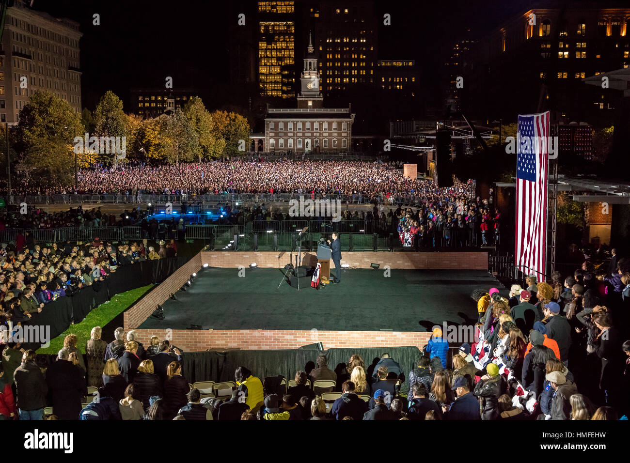 NOVEMBER 7, 2016, INDEPENDENCE HALL, PHIL., PA - Thousands attend Hillary Clinton Election Eve Get Out The Vote Rally With Bruce Springsteen and Jon Bon Jovi , President and Michelle Obama and Bill and Chelsea Clinton. Stock Photo