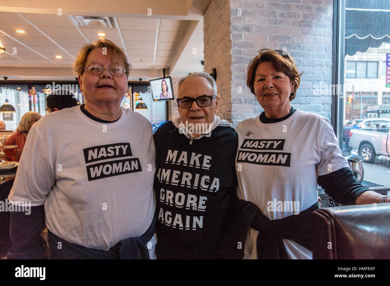 NOVEMBER 7, 2016, INDEPENDENCE HALL, PHIL., PA - Supporters of  Hillary Clinton at Election Eve Get Out The Vote Rally show off t-shirts saying 'Nasty Woman' Stock Photo