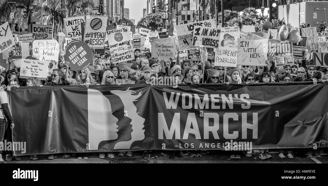 JANUARY 21, 2017, LOS ANGELES, CA. 750,000 participate in Women's March, activists protesting Donald J. Trump in nation's largest march the day after Presidential Inaugural, 2017 Stock Photo