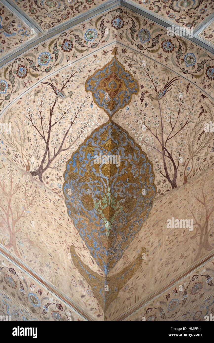 Elegant wall paintings at Ali Qapu Palace, Isfahan, Iran Stock Photo