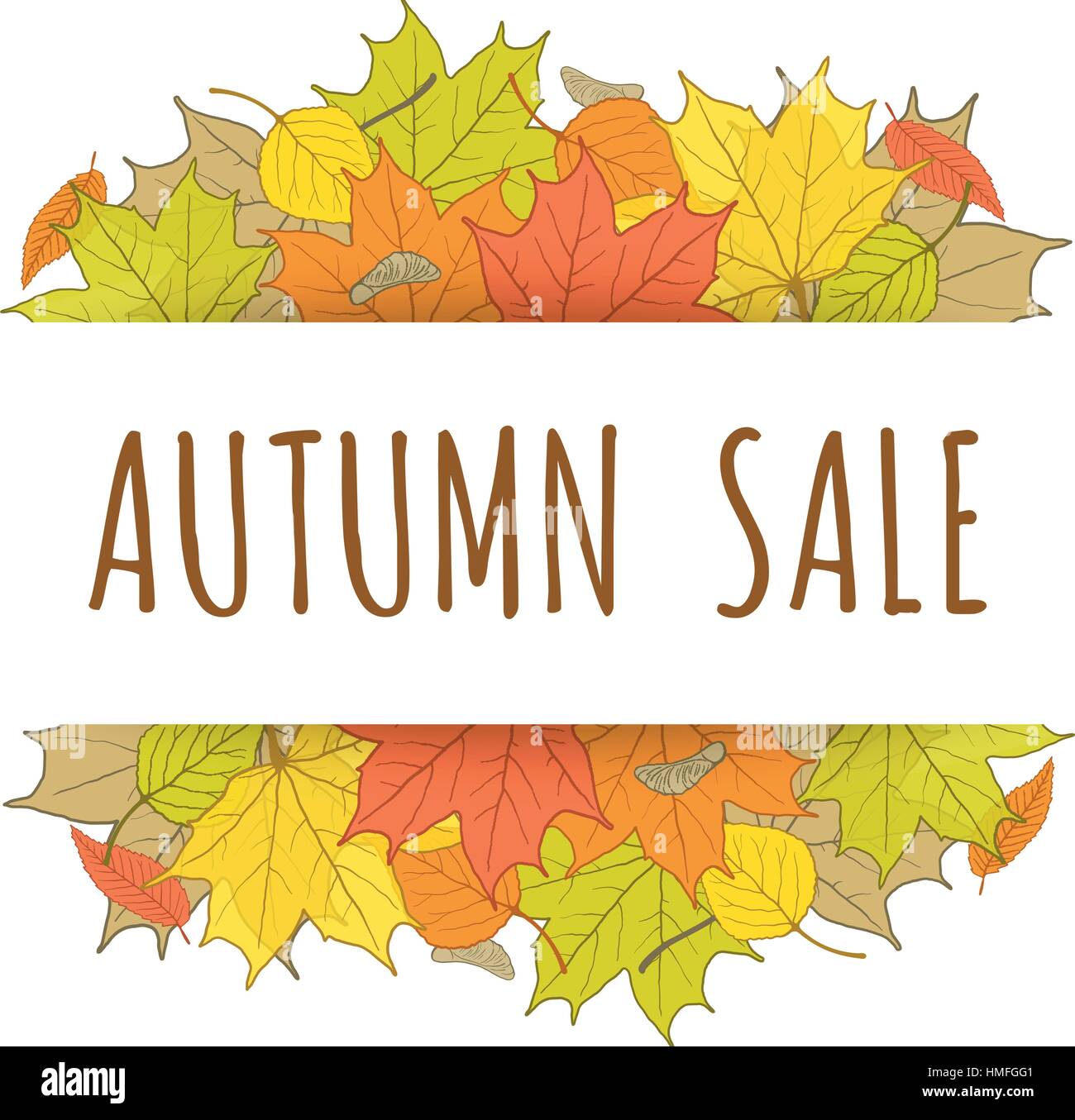 Autumn sale label with hand drawn fallen leaves. Fall seasonal promotional header with text. Vector sketch border for flyer or special offer of shop o Stock Vector