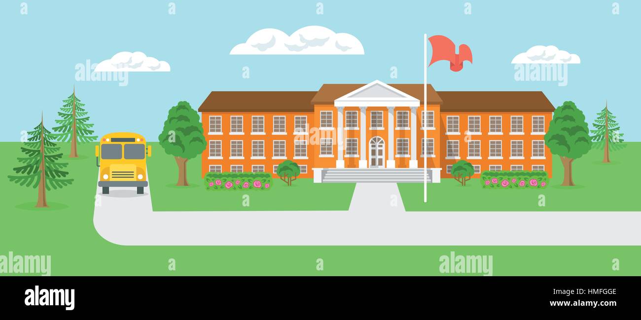 Modern flat vector illustration of school building and yard with green ...