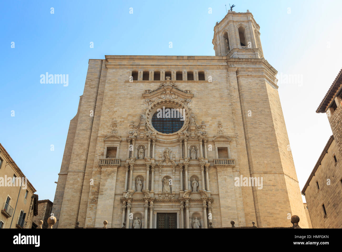Cathedral, baroque facade from cathedral steps, City of Girona, Girona Province, Catalonia, Spain Stock Photo