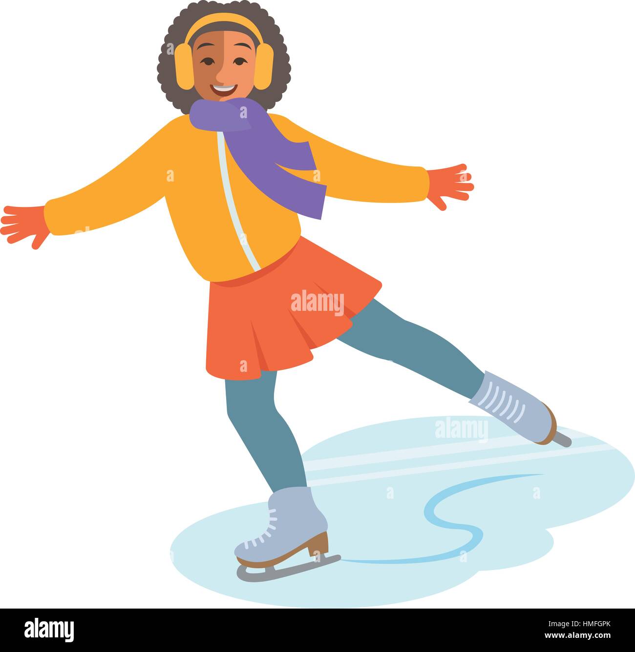 Girl figure ice skating vector flat illustration. Kids winter activities. Child in casual warm clothes playing winter sport on Christmas holidays. Mov Stock Vector