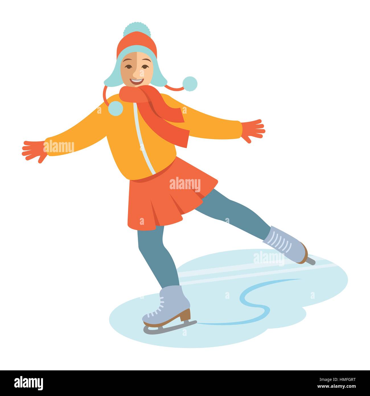 Girl figure ice skating vector flat illustration. Kids winter activities. Child in casual warm clothes playing sport on Christmas holidays. Moving car Stock Vector