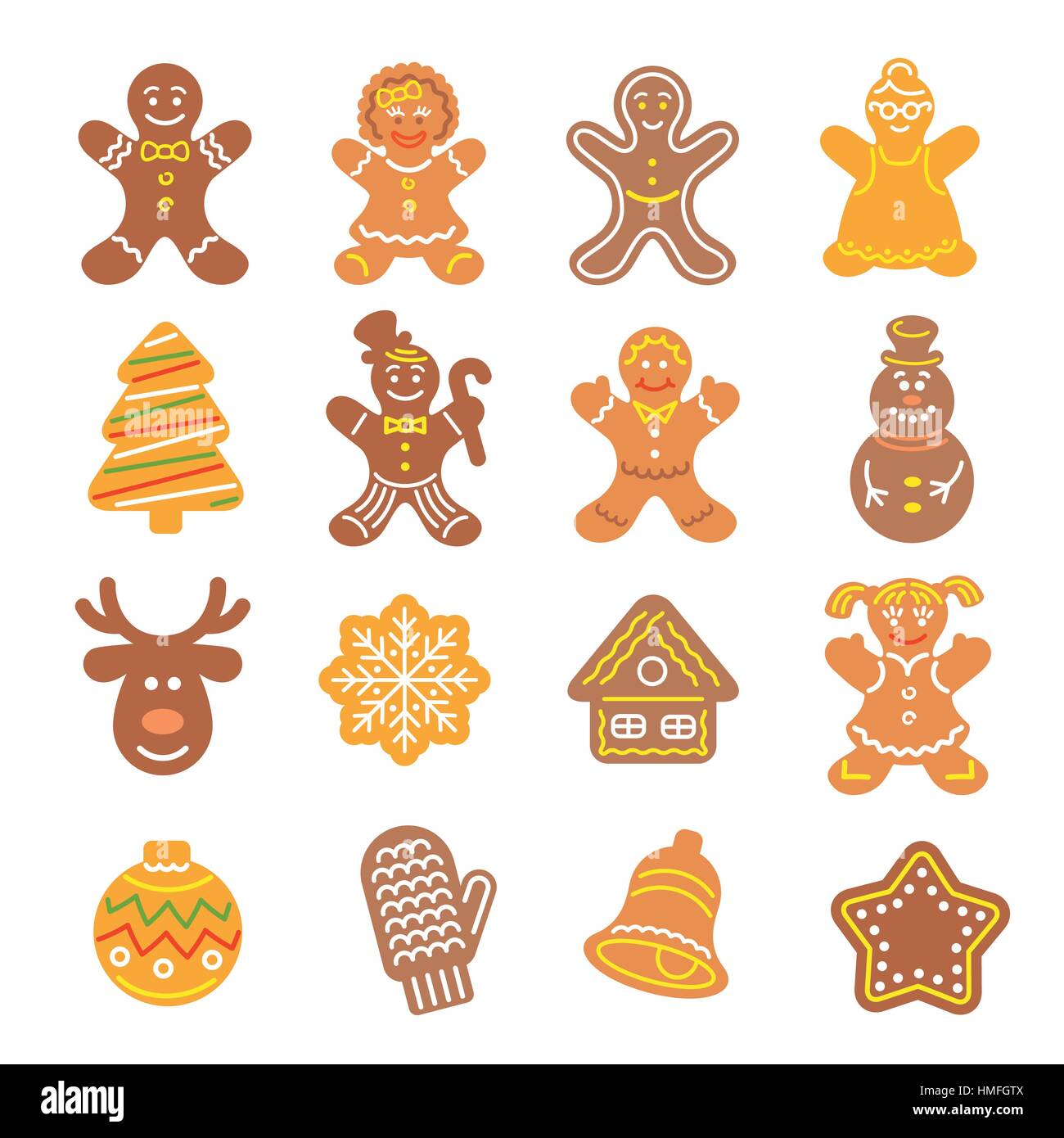 Set of flat vector icons of different Christmas cookies. Gingerbread men, Christmas tree, reindeer, snowflake, mitten, bell and other holiday symbols, Stock Vector