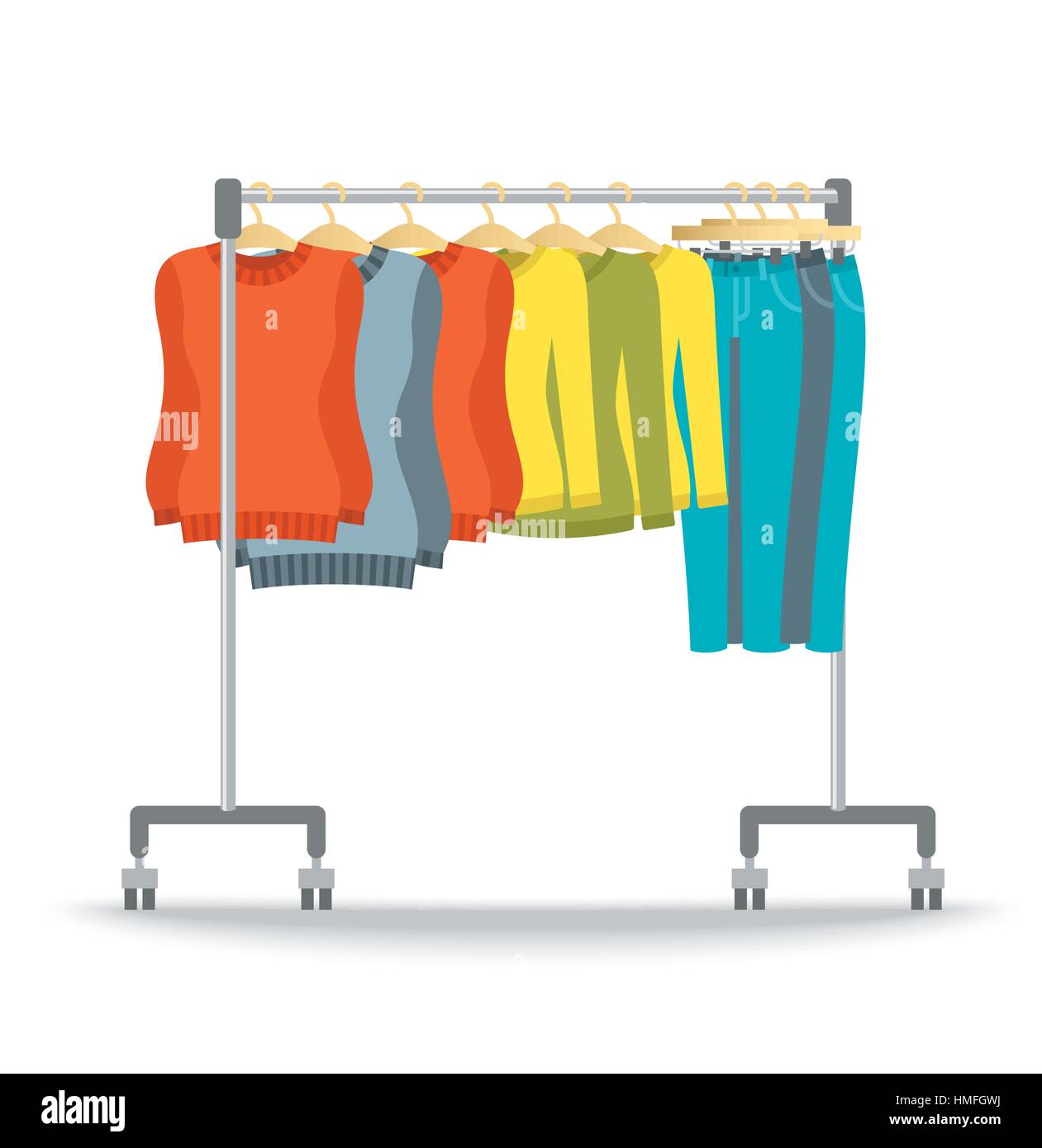 Hanger rack with warm women clothes winter collection. Flat style vector illustration. Female casual outfit elements hanging on rolling display stand. Stock Vector