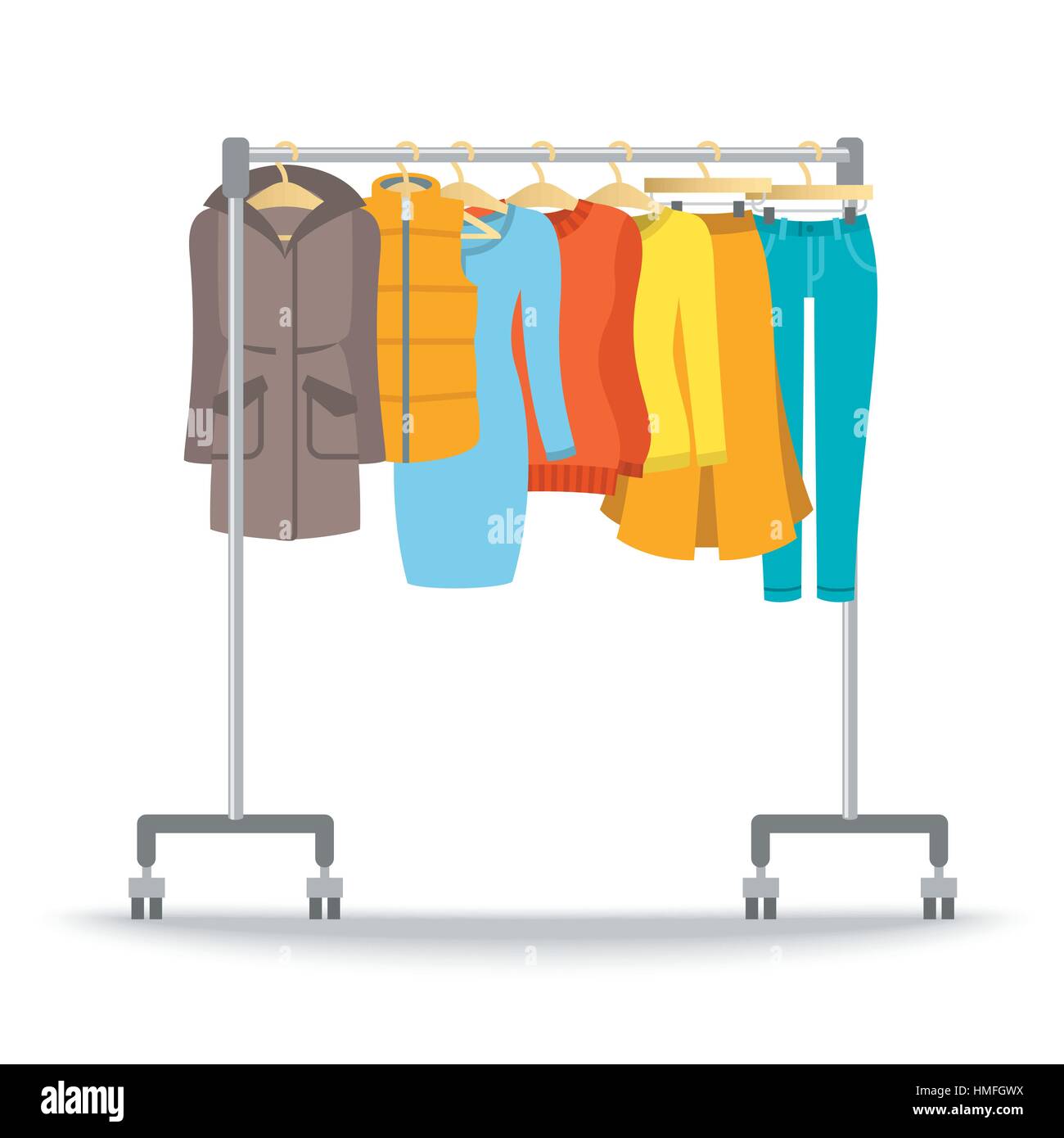 Hanger rack with warm women clothes winter collection. Flat style vector illustration. Female casual outfit elements hanging on rolling display stand. Stock Vector