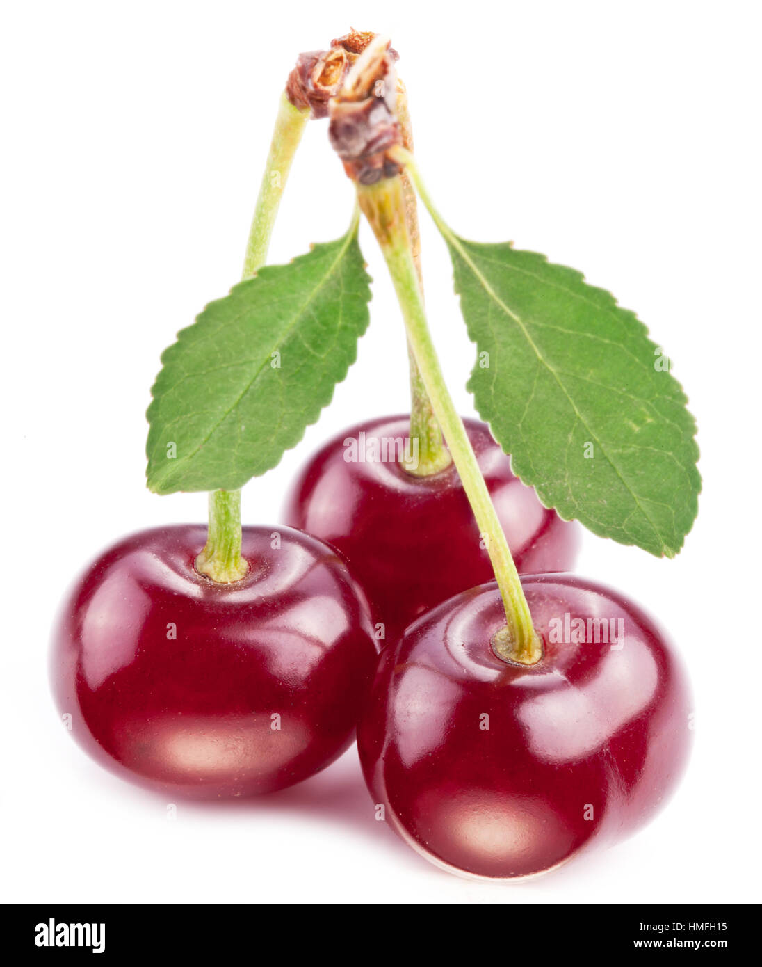 Three red ripe cherries on the white background Stock Photo - Alamy