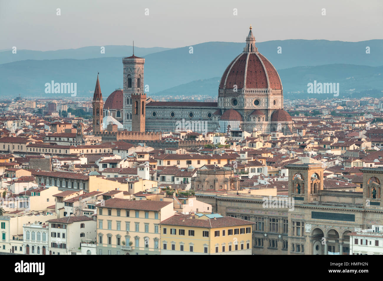 View of the Duomo with Brunelleschi Dome and Basilica di Santa Croce from Piazzale Michelangelo, Florence, Tuscany, Italy Stock Photo
