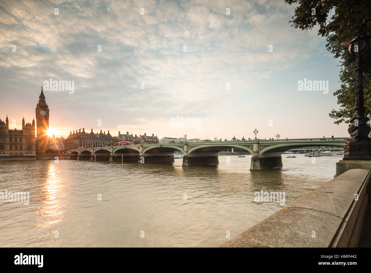 Westminster Bridge on River Thames with Big Ben and Palace of Westminster in the background at sunset, London, England, UK Stock Photo